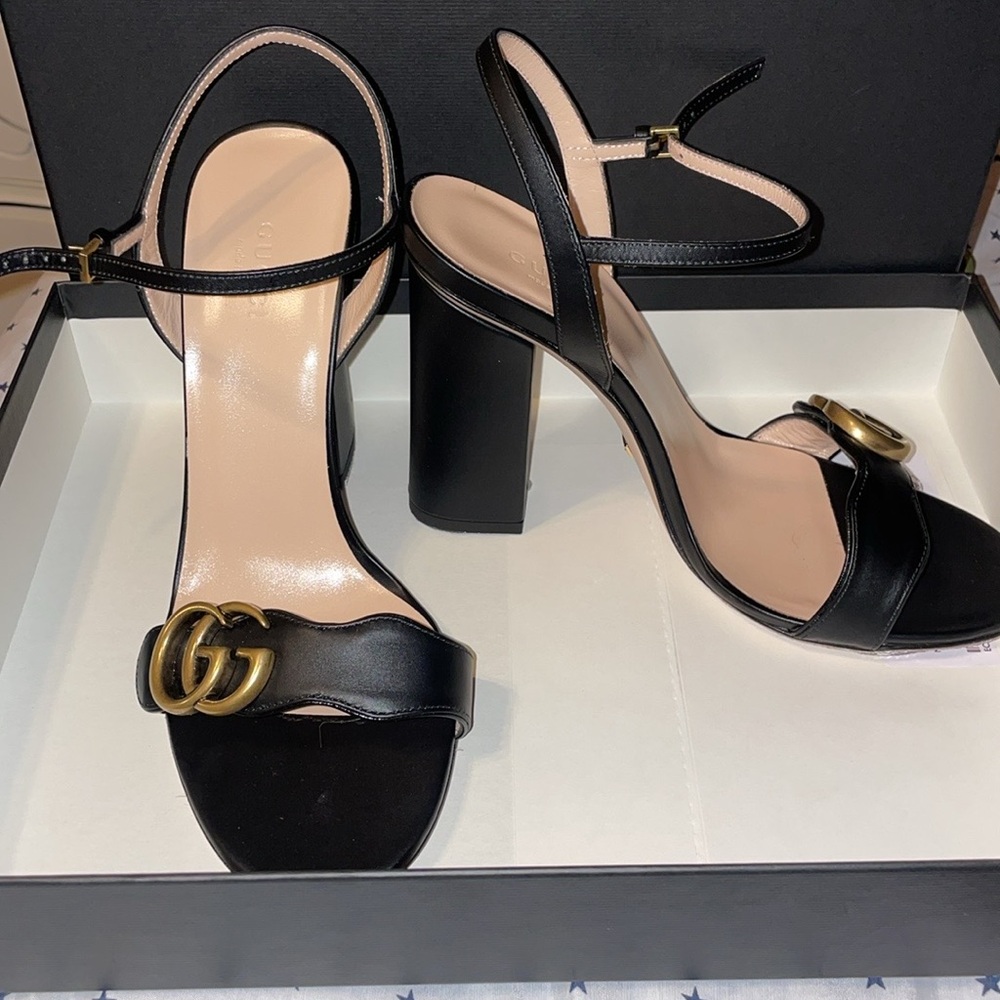Gucci Black Heeled Sandals with Signature Logo